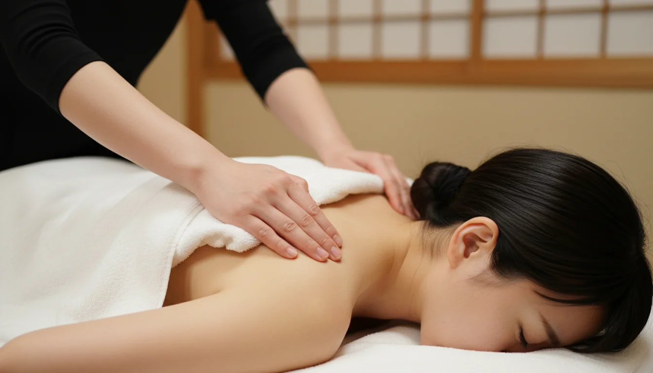 施術ベッドで横になった人の肩に両手で指圧を行う施術者